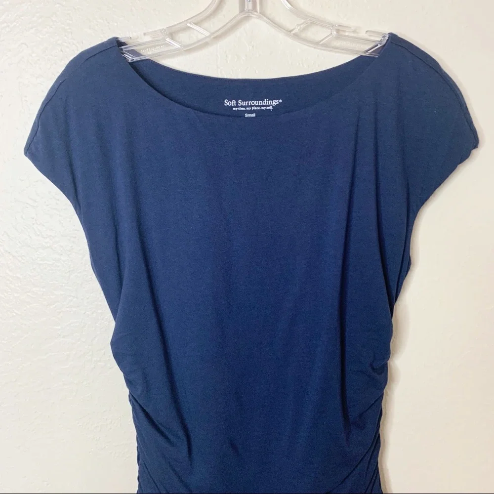 Soft Surroundings Navy Ruched Cap Sleeve Top S Supima Cotton Modal - Picture 3 of 6